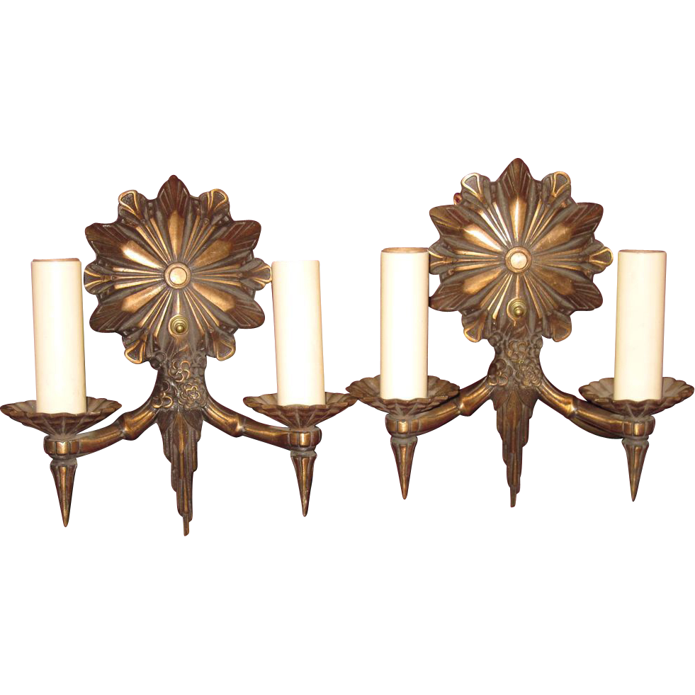 Original Art Deco Bronze Wall Sconces Pair Modernism